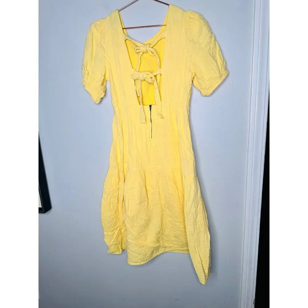 LOVE WHIT Yellow 100% Cotton Crewneck Short Sleeve Tie Back Dress Size Medium - Picture 9 of 14